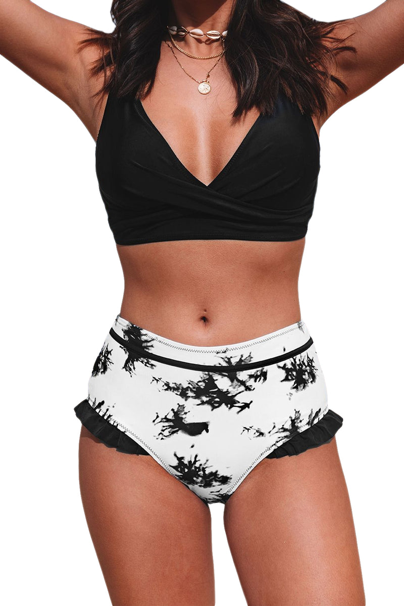 Black Sexy Solid Crisscross Top and Ruffled Tie Dye High Waisted Swimsuit