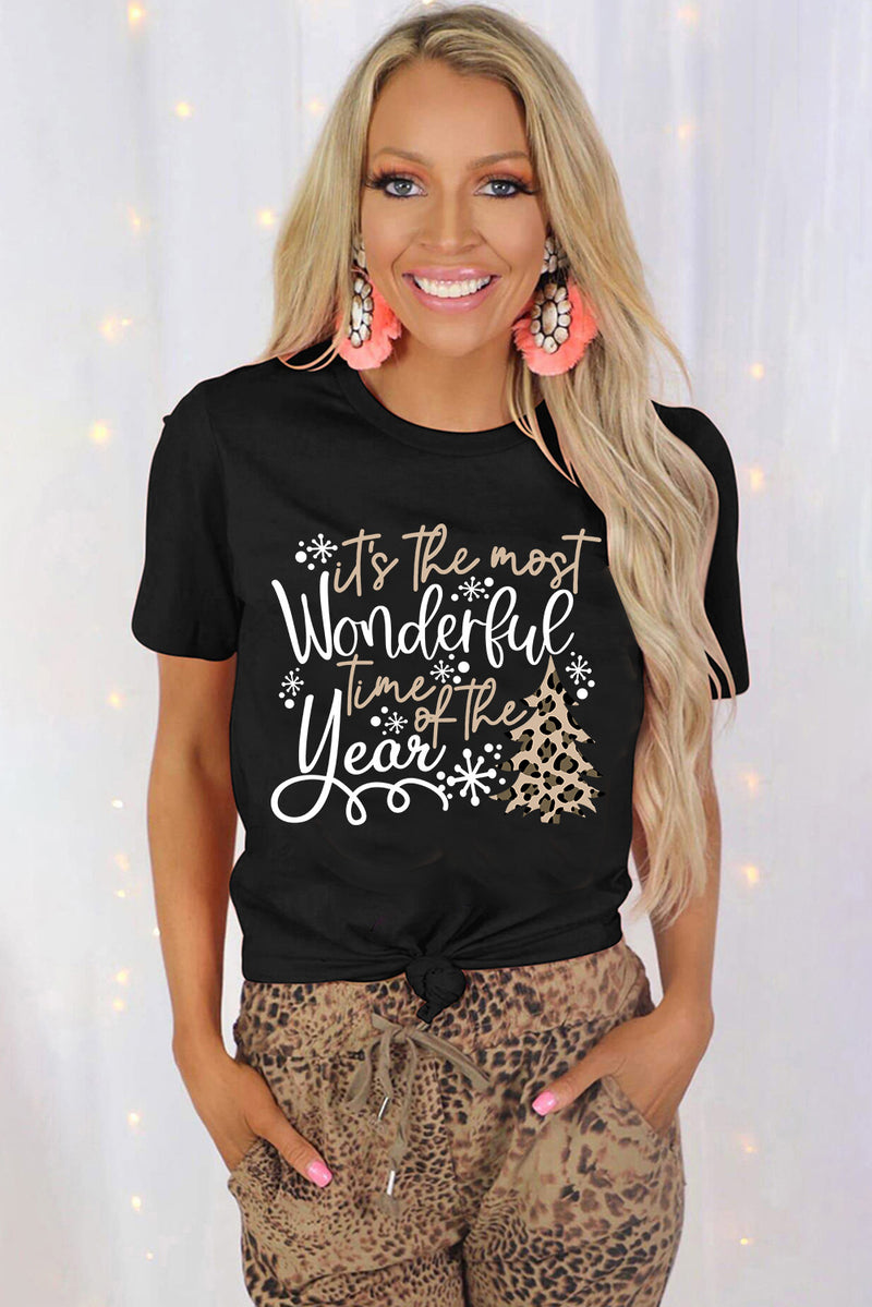 Black Wonderful Christmas Season Leopard Graphic Tee