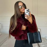 Wine Red Fluffy Faux Fur Short Coat Women Elegant Full Sleeve Warm Lapel Jacket New Winter Woman Commuter Outerwear 2024