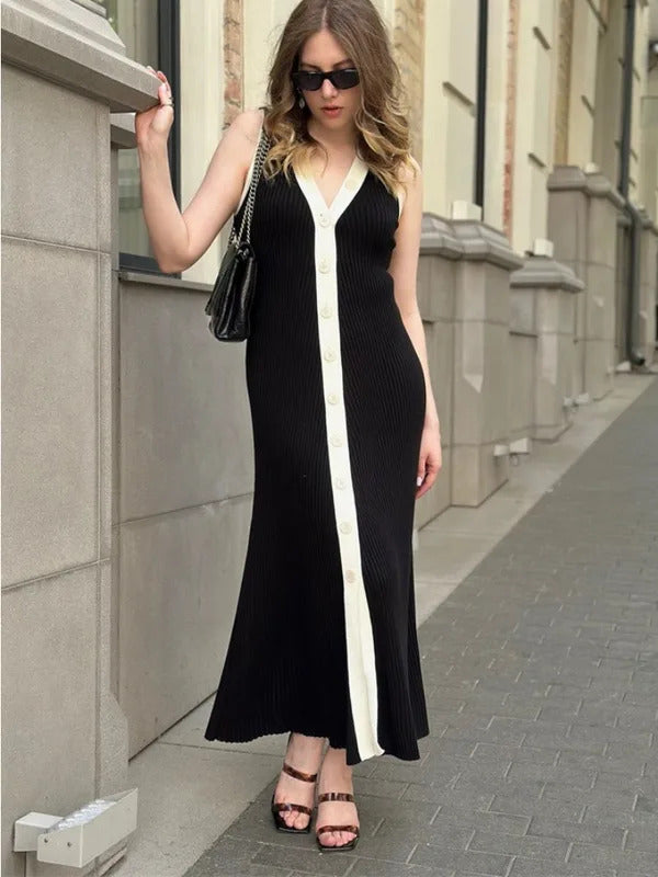 Tossy Knit Cardigan Maxi Dress Women's Summer V-Neck Contrast Sleeveless Ribbed Fashion Elegant Dress Female Knitwear Long Dress