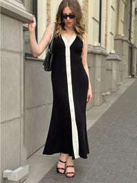 Tossy Knit Cardigan Maxi Dress Women's Summer V-Neck Contrast Sleeveless Ribbed Fashion Elegant Dress Female Knitwear Long Dress