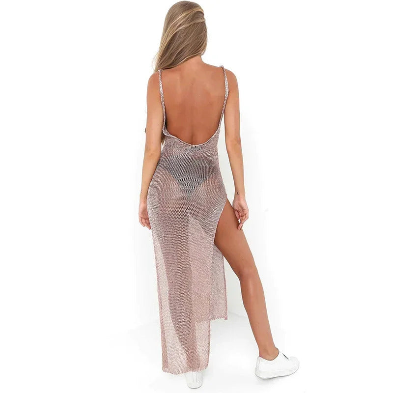 OIINAA Bikini Cover Up Women Solid See Through Tunic Beach Dress Sexy Sheer Mesh Sleeveless Female Beachwear Summer New Swimwear