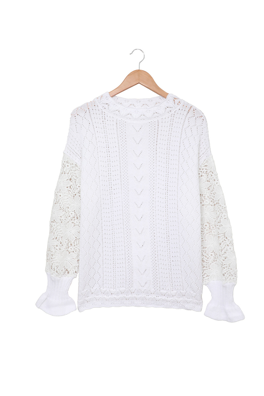 White Crochet Lace Pointelle Knit Sweater