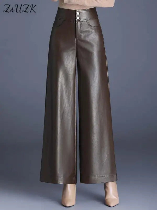 ZUZK High Quality Women PU Leather Wed Leg Pants  Autumn Winter Fashion Warm Long Leather Pants Elegant LeatherTrousers