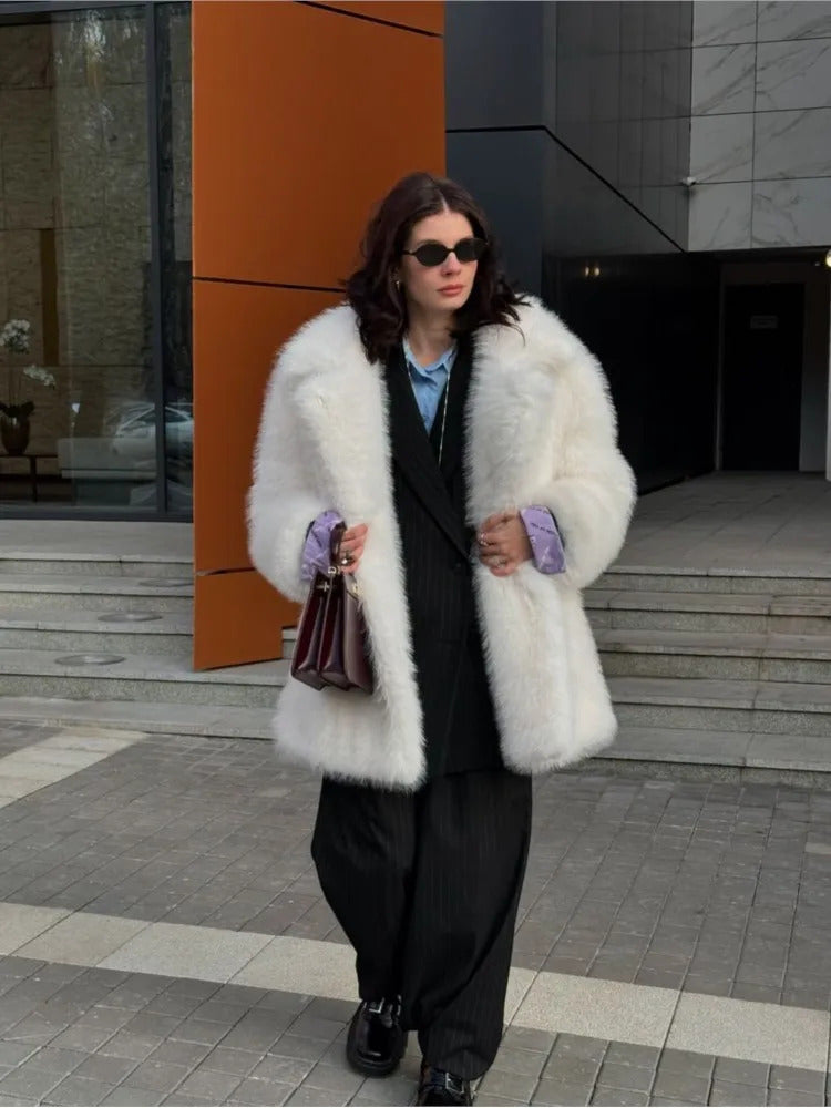 Mid-Length Women's Fur Coat Suit Collar Loose Imitation Fox Fur Plush Coats Warm Soft Thickened Winter Socialite Fur Overcoat