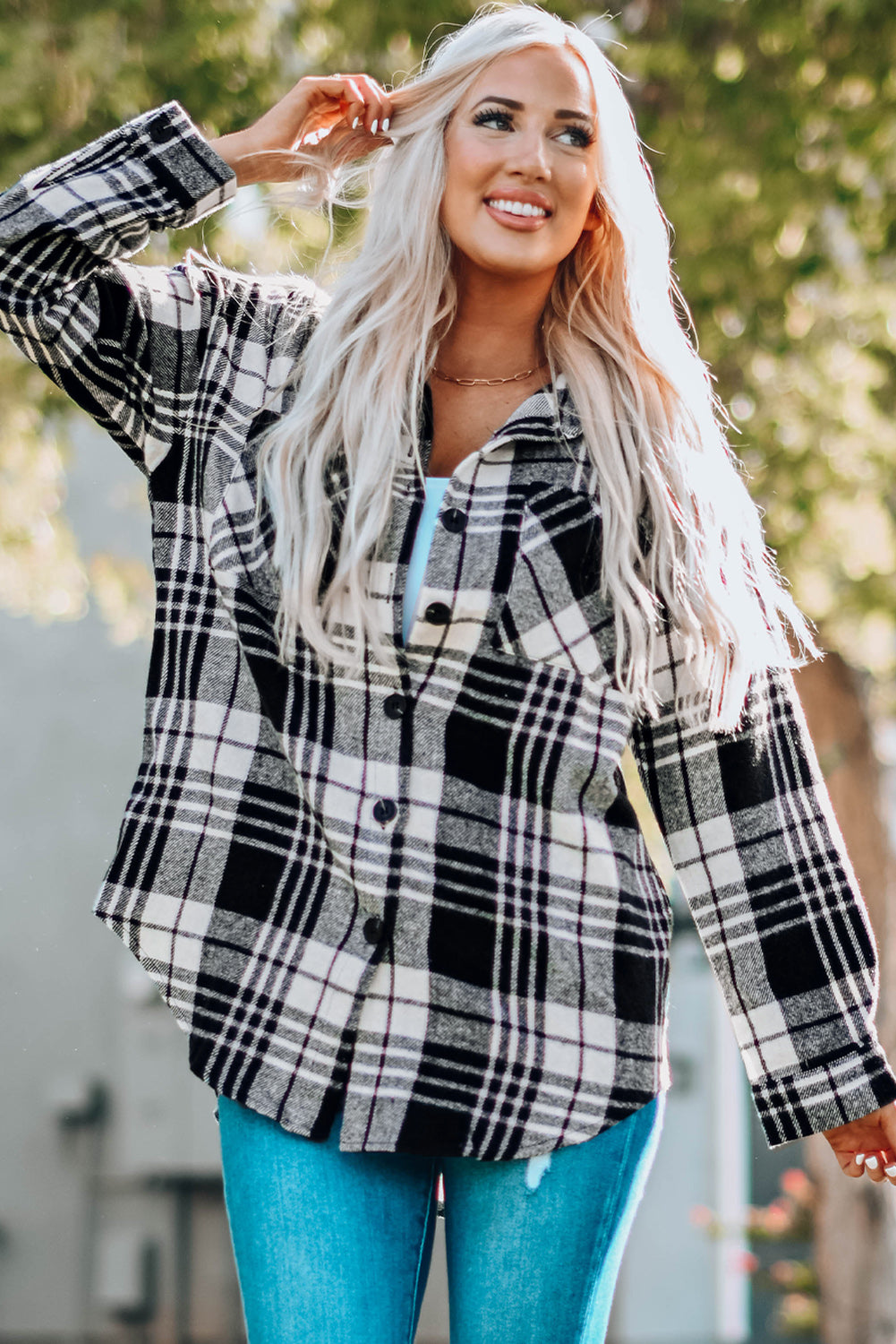 Black Grid Print Boyfriend Shacket