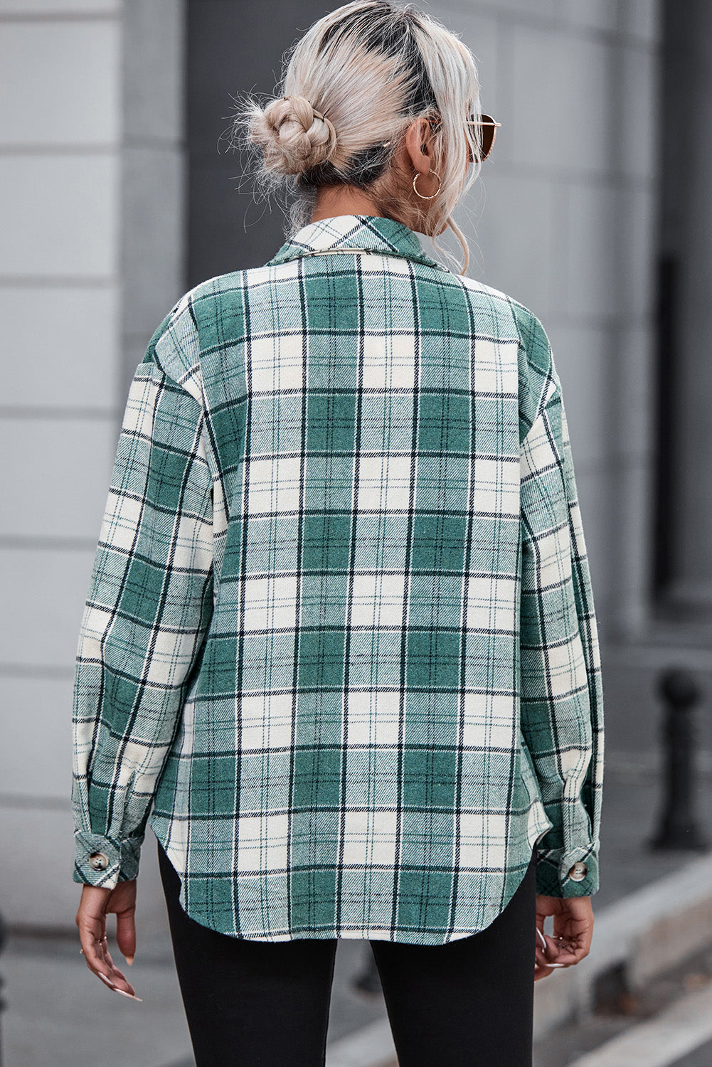 Green Plaid Pattern Flap Pockets Shirt