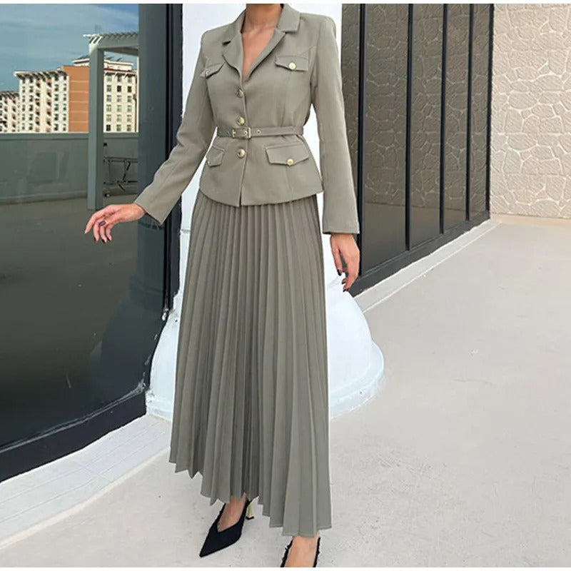 Elegant Women's Two Pieces Set Single-breasted Lapel Large Size Coat Belt Pleated Midi Skirt Suit 2025 Lady New In Matching Sets