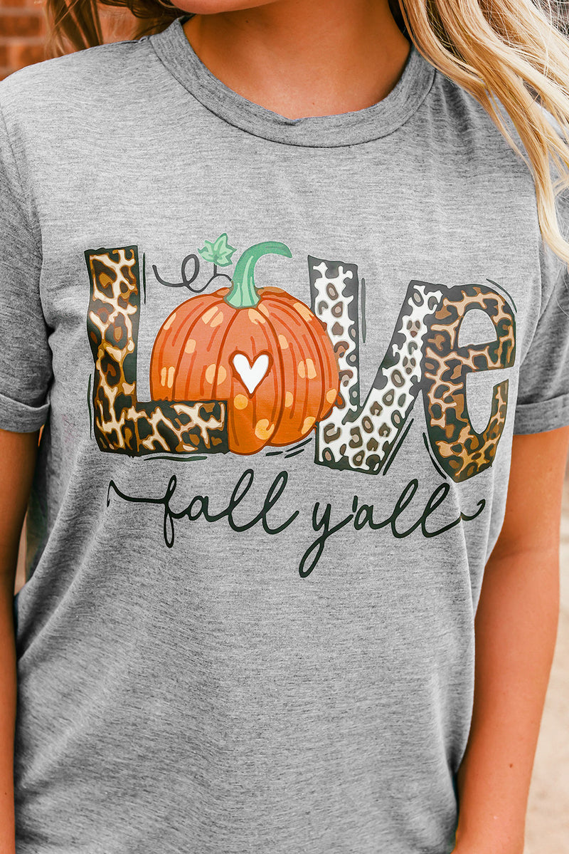 Gray Love Fall Yall Pumpkin Leopard Graphic T Shirt