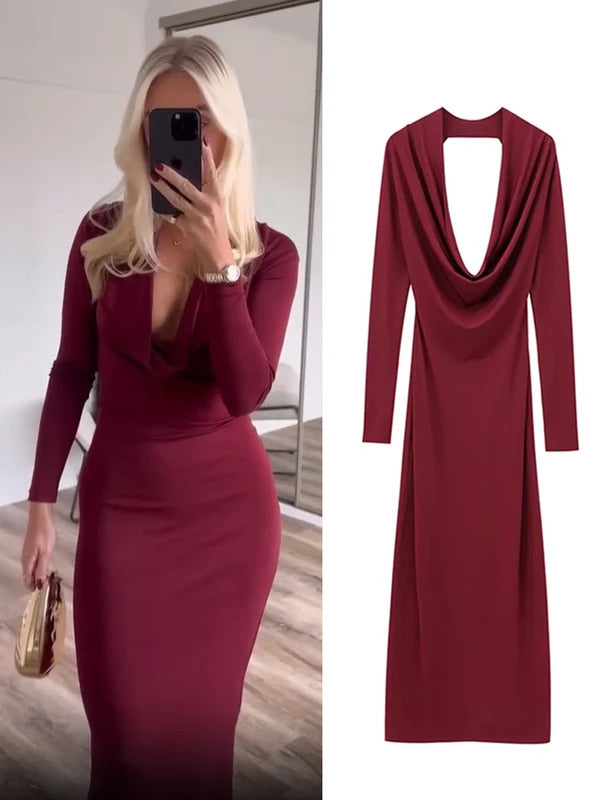 Fashion Solid Backless Maxi Dress For Women Elegant Swinging Collar Long Sleeve Slim Evening Dress Lady Christmas Party Vestidos