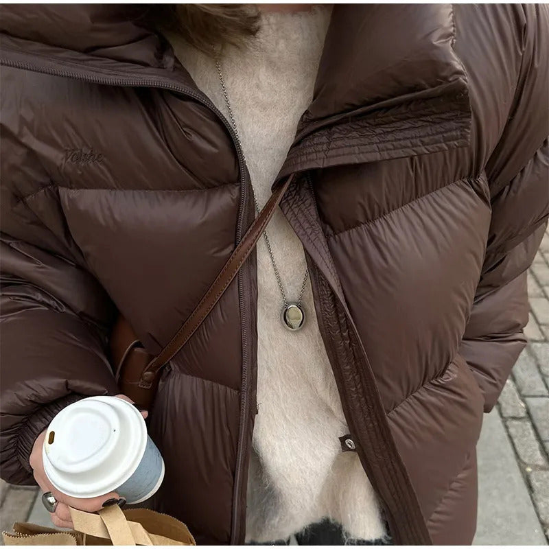 2024 New Winter Brown Warm Women's Cotton Coat Fashion Stand Collar Zipper Oversized Jackets Female Street Commuting Outerwear