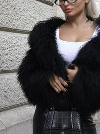 2024 Winter Furry Faux Fur Coat Women Black Luxury Round Neck Full Sleeves Plush Coat Lady Thick Warm Chic High Streetwear