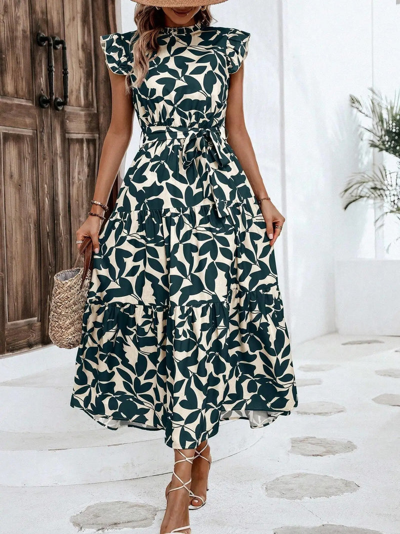 Elegant Women's Flower Midi Dress New Summer Fashion Stand Collar Flying Sleevel Lace Up Dress Casual Beach Holiday Dresses Robe