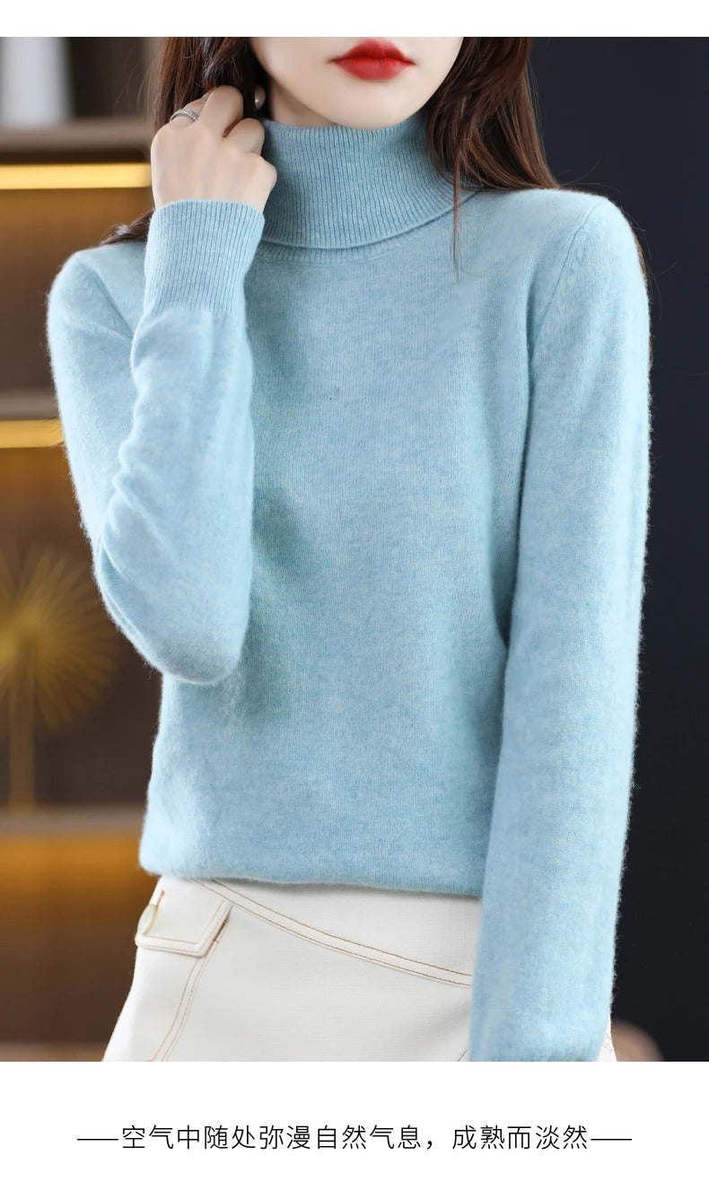 100% Merino Wool Cashmere Sweater Women Knitted Sweater Turtleneck Long Sleeve Pullovers Autumn Winter Clothing Warm Jumper Tops