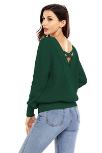 Green Cross Back Hollow-out Sweater