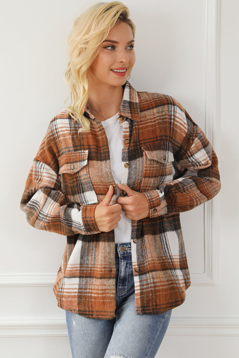 Medium Grey Plaid Flap Pockets Shacket