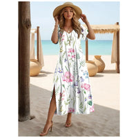 Elegant Dresses For Women Holiday V-Neck Long Dress 3d Vintage Flowers Print Short Sleeve Slit Skirt Summer New Beach Dresses