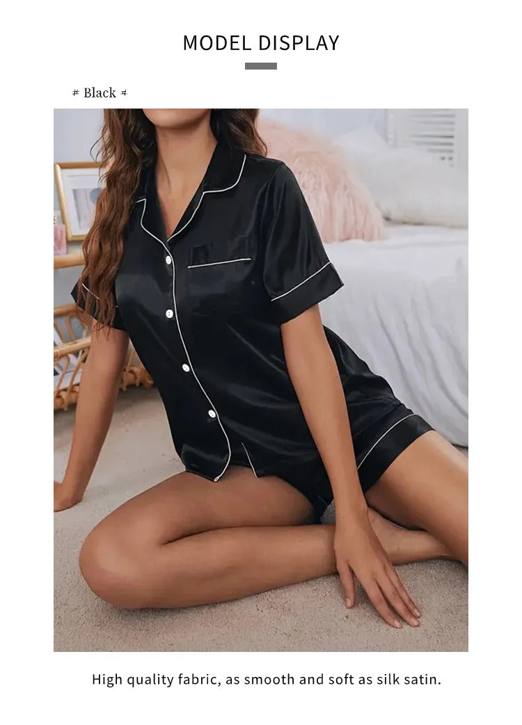 Women's Pajamas Set Satin Sleepwear Button Down Tops and Shorts Pajama 2 Piece Suit Pyjama Femme Nightwear Loungewear for Summer