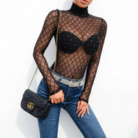 Women Mesh Net Fishnet Bodysuit Slim Long Sleeve Leotard Jumpsuit Tops Beachwear Beading Prespective Mesh Fishnet Cover Up