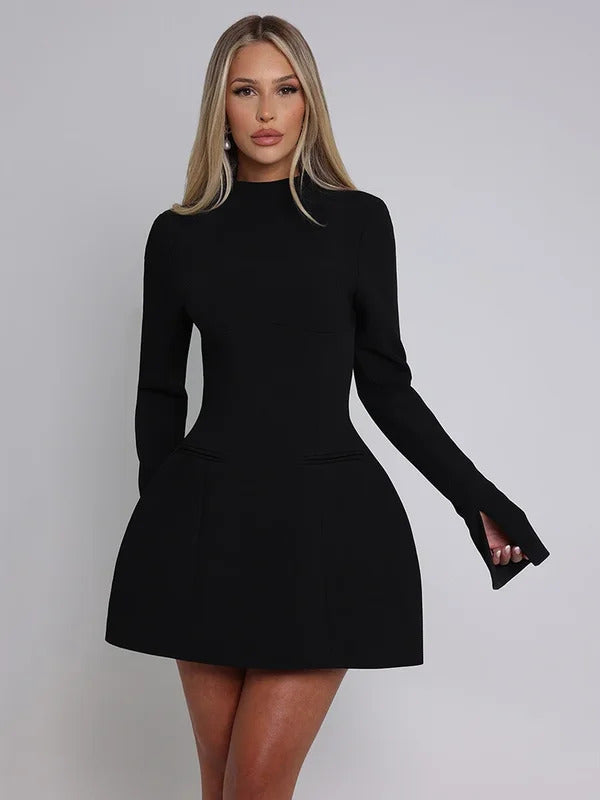 Women Long Sleeve Backless Sexy Mini Dress Elegant Autumn Winter O Neck High Waist Slim Fit Gown Fashion Lady Club Party Dresses