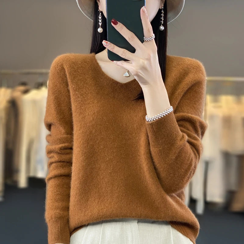 100% pure wool cashmere sweater women's V-neck pullover casual knit top autumn and winter women's coat Korean fashion