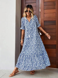 Women's Summer Chiffon V Neck Short Sleeve Floral Flowy A Line Maxi Dress Boho Flounce Tiered Swing Long Beach Dresses