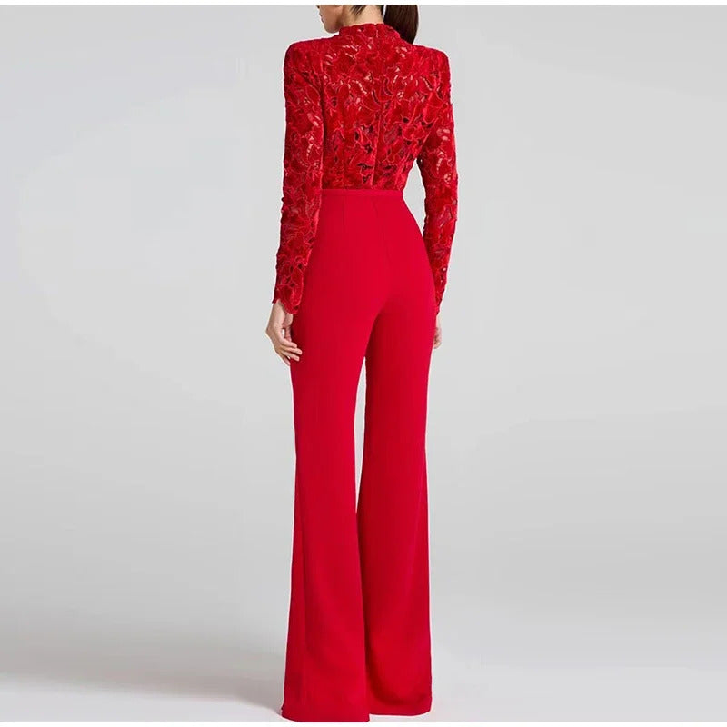 Embroidery Lace Red Jumpsuits Women Sexy Slim Long-sleeved Belt High Waist Jumpsuit Female 2024 INS Casual Lady Party Rompers