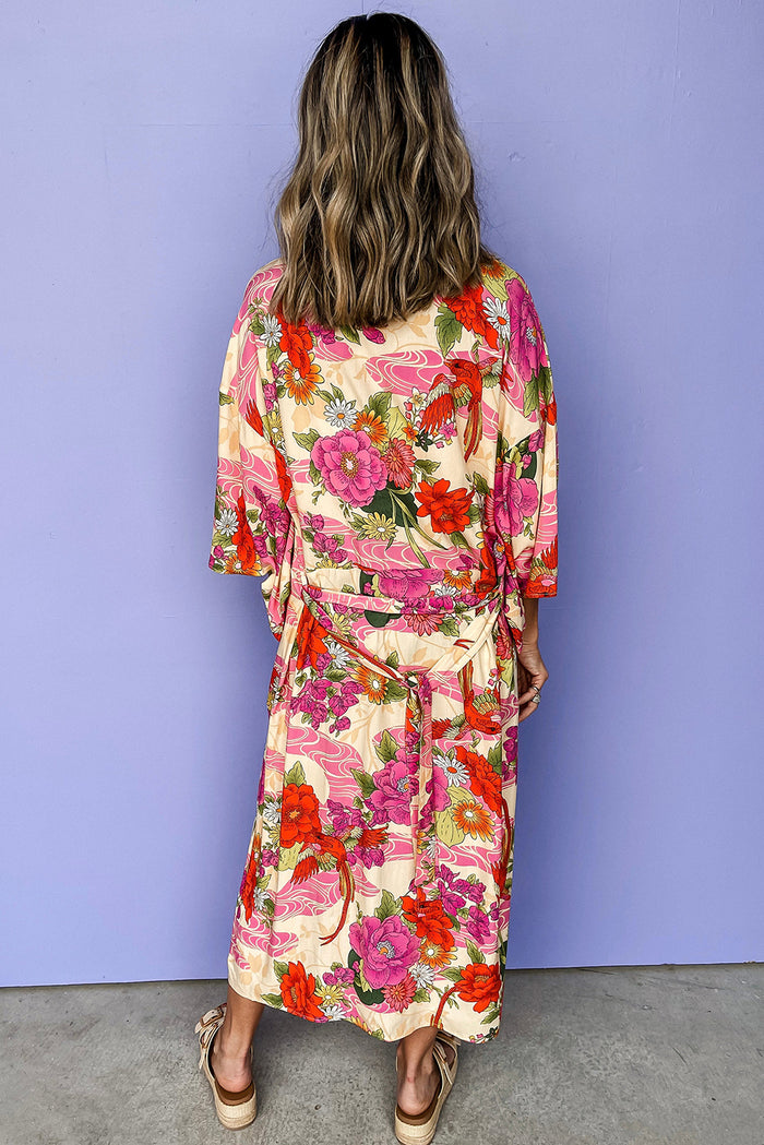 Pink Floral Allover Print Open Front Belted Duster Kimono