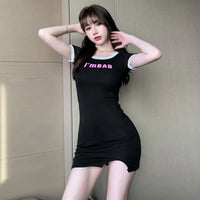 Letter Print Women's Dress Slim Sexy Short Sleeve Versatile Dress O Neck T Shirt Dress Women's Mini Dress