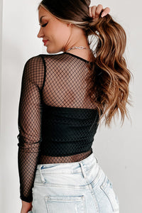 Black Lattice Mesh Round Neck Long Sleeve Bodysuit