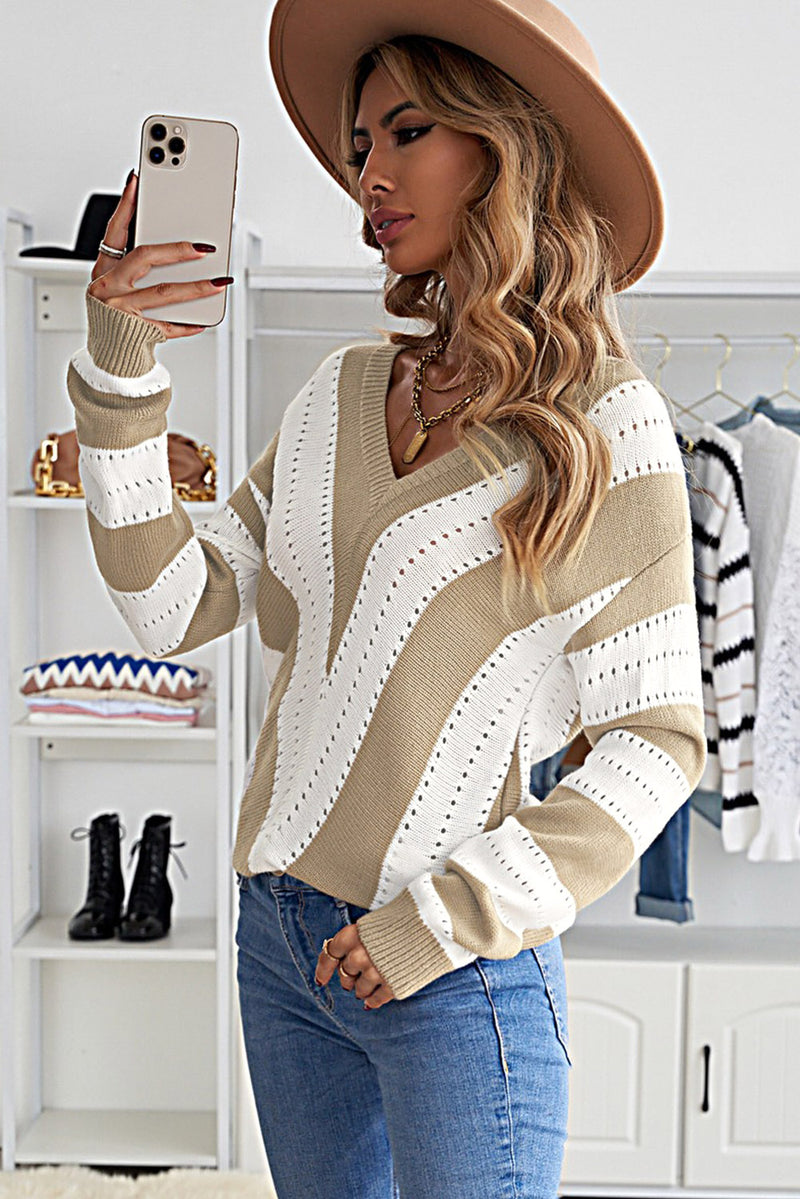 Gray Striped Colorblock V Neck Knitted Sweater