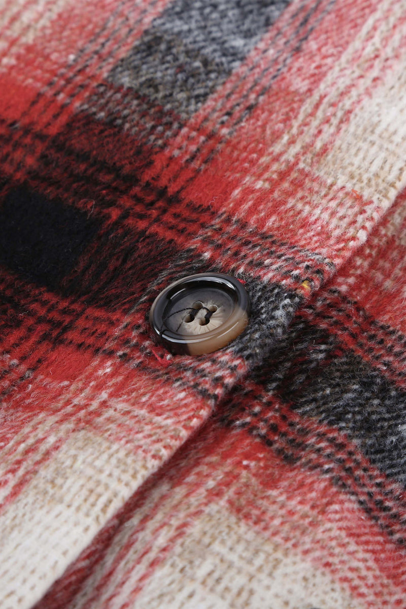 Fiery Red Turn down Neck Plaid Pocket Button Closure Coat