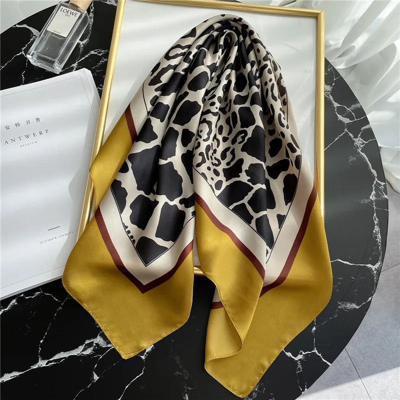 Fashionable 70*70cm Leopard Print Scarf For Women Spring/summer Soft Satin Borders Square Bandana Sun Protection Shawls