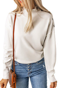 High Neck Button Shoulder Long Sleeve Sweater