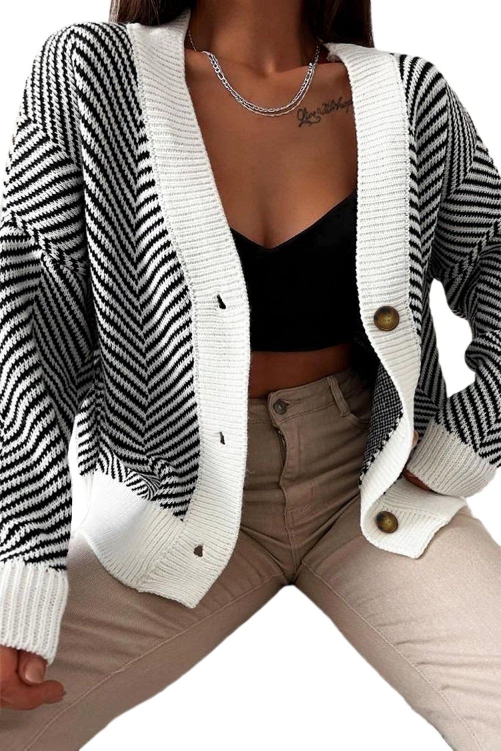 Black Zig Zag Stripe Buttoned Sweater Cardigan