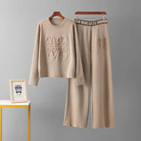 Letter Print Indentation Round Neck Long Sleeved Knitted Sweater Pullover Casual Wide Leg Pants Two-piece Set Women's Pants Set