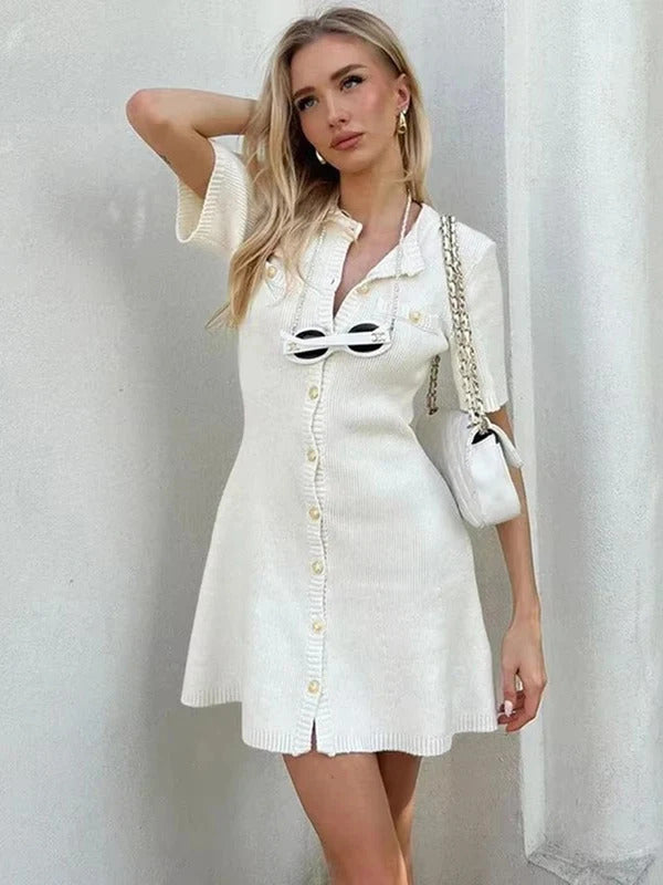 TARUXY White Elegant Knitted Mini Dress For Women Metal Button Sexy Slim Rib Sweater Dress Holiday Party Outfits Autumn 2024 New