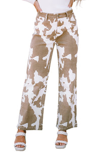 Khaki Cow Spot Print Pocketed Jeans