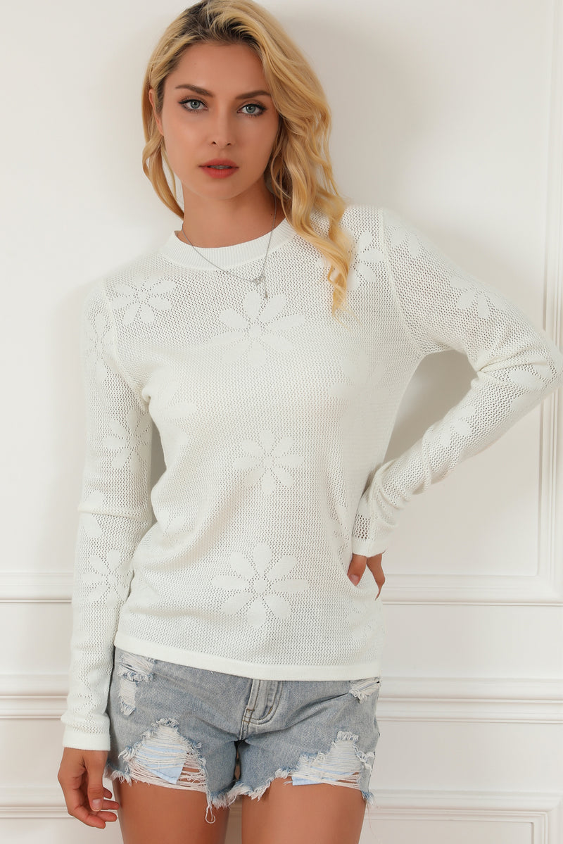 White Flower Knit Long Sleeve Sweater