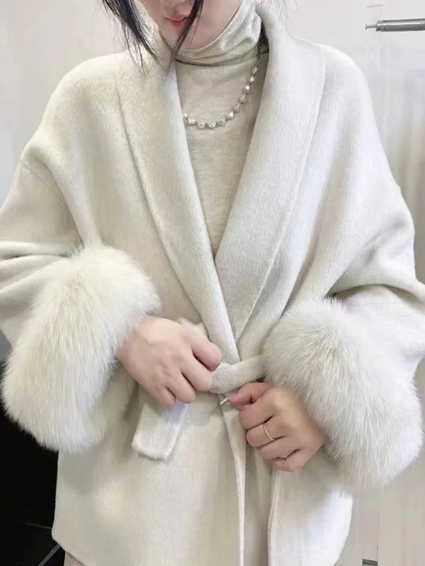 Elegant OL Office Lady Overcoats Fur Patchwork Long Sleeve Woolen Coat Beautiful Women's Clothing Jacket Autumn 2024 Spring