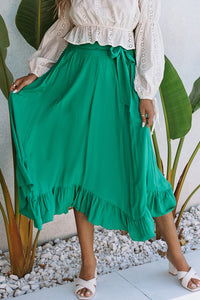 Green Asymmetric Flounce Belted High Waist Maxi Skirts