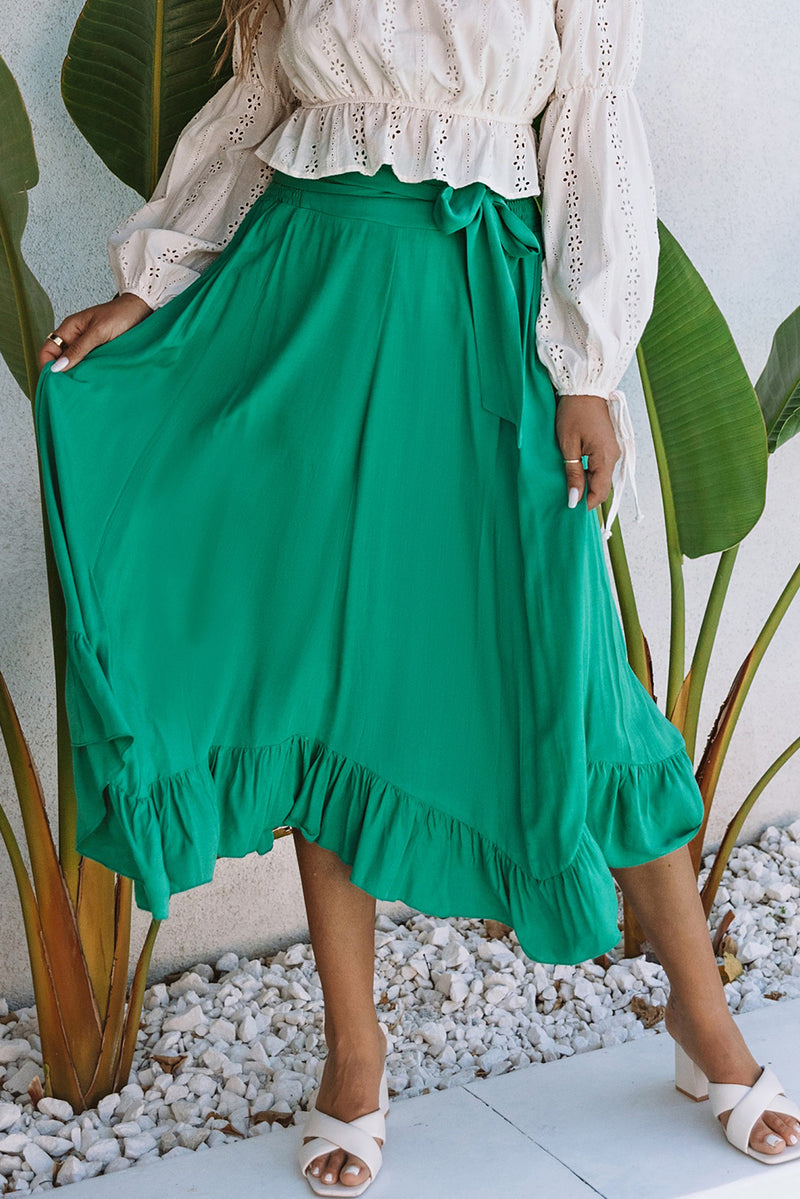 Green Asymmetric Flounce Belted High Waist Maxi Skirts