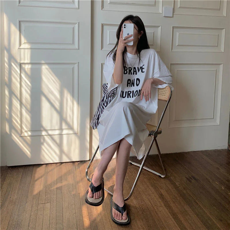 Harajuku Graphic White Long Dress Woman Clothing Y2k Casual Short Sleeve O-Neck Korean Fashion Summer Womens Loose Dresses 2024