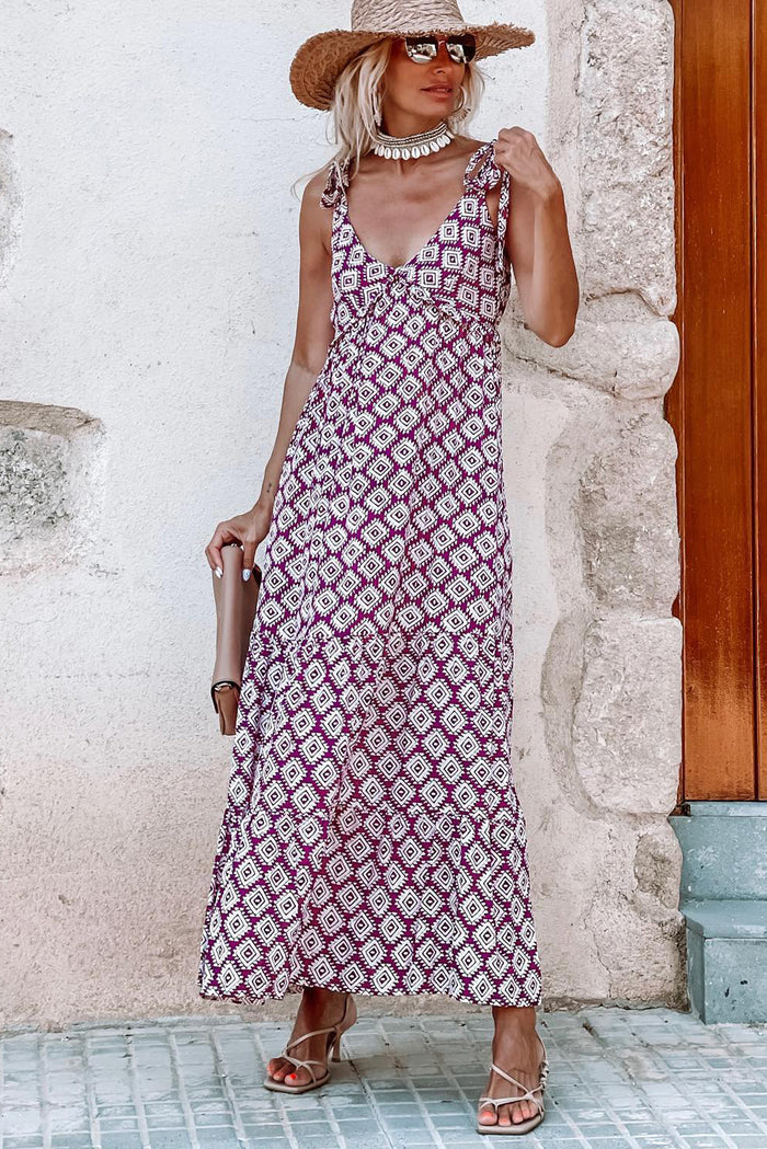 Purple Western Geometric Print Knotted Straps V Neck Long Dress