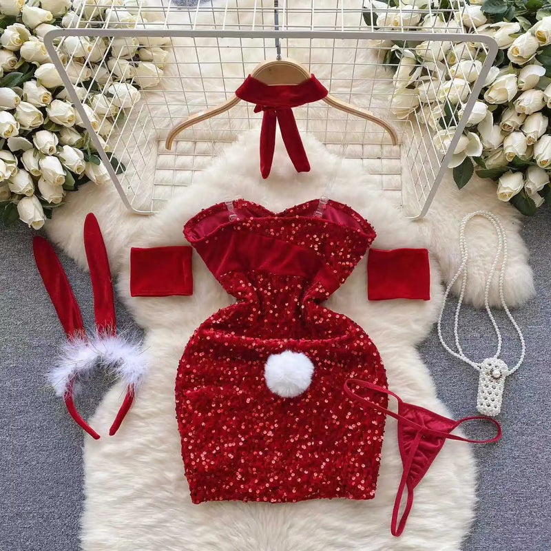 Winter New Christmas Red Short Dress Sexy Sequin Bodycone Mini Dress Slim Erotic Dress Hotsweert Club Party Night Dress Bunny