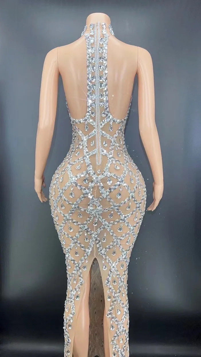 2024Sparkly Silver Big Rhinestone Transparent Long Dress Evening Birthday Celebrate Luxurious Costume Dancer Flashing prom Dress