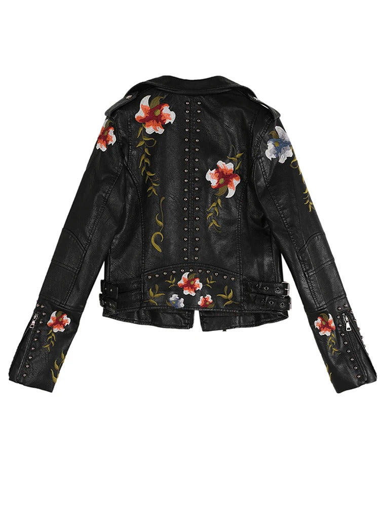 Women Floral Print Embroidery Faux Soft Leather Jacket Coat Turn-down Collar Casual Pu Motorcycle Black Punk Outerwear