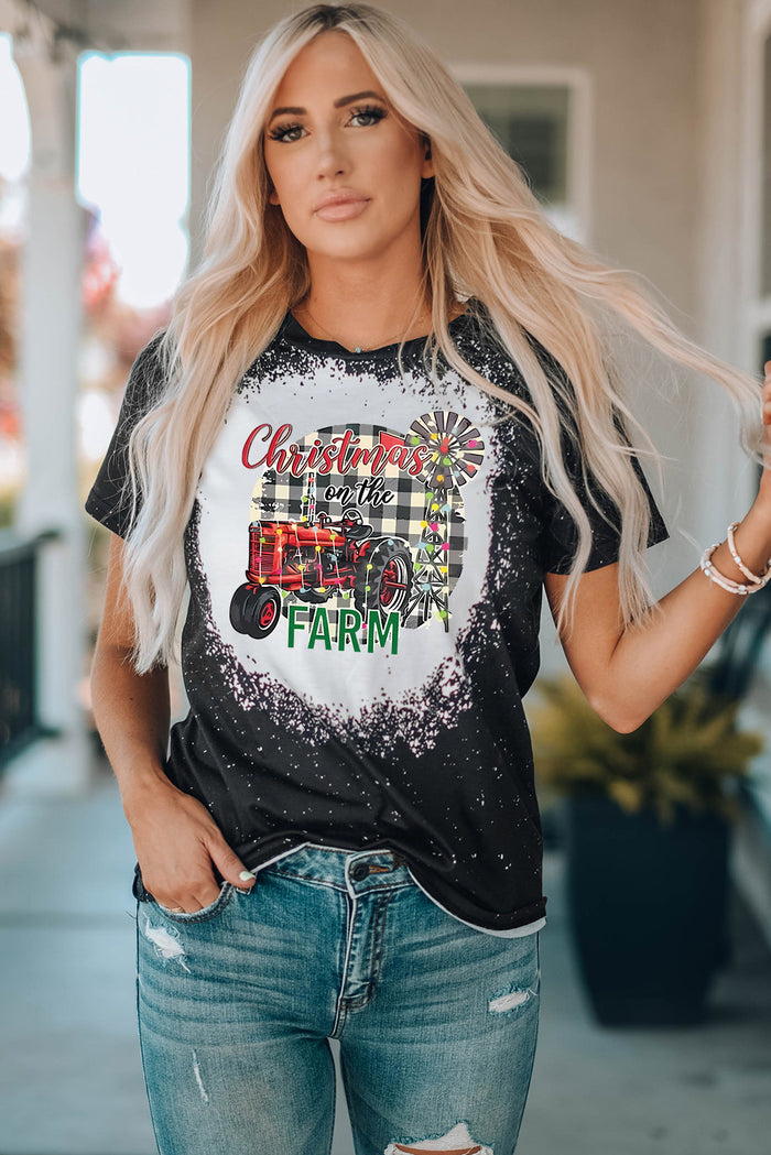 Black Christmas Farm Graphic Bleached T-shirt