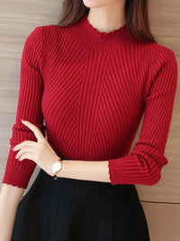 2024 Autumn Women Mock Neck Ruffles Sweater Long Sleeve Knitted Bottoming Solid Pullovers Stripe Women Casual Sweater Winter