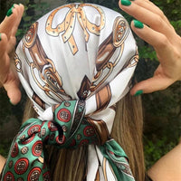 Satin Square Scarf Women Muslim Hijab Elegant 2023 Print Silk Neckerchief Shawl Wraps Headband Handle Hair Accessories Bandana